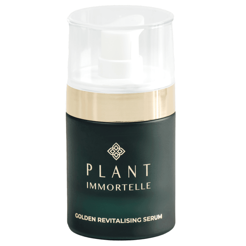 Golden Revitalizing Serum from PLANT IMMORTELLE skincare line in a clear glass bottle with a dropper applicator.
