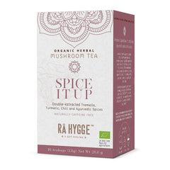 Herbalistas RA Hygge BIO Spice It Up herbal tea with Tremella, 16 bags, featuring colorful spice and tea bag packaging.
