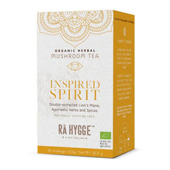Herbalistas RA Hygge BIO Spirit herbal tea with Lion's Mane in a box of 16 tea bags, featuring a natural, calming design.
