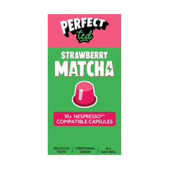 Herbalistas PerfectTed Ceremonial Grade Strawberry Matcha Nespresso capsules, front view showing vibrant green and strawberry flavor.