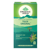 Organic India BIO Tulsi Original Tea in 25 infusion bags, featuring fresh, aromatic tulsi leaves in a natural herbal tea blend.