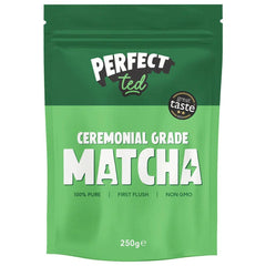 Herbalistas PerfectTed ceremonial grade matcha powder in a 250g bag, vibrant green, finely ground, ideal for HeReCa use.