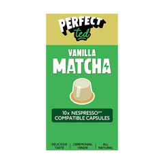 Herbalistas PerfectTed Ceremonial Grade Vanilla Matcha Nespresso capsules, with vanilla flavor and green matcha powder visible.