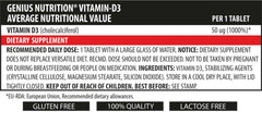 Genius Nutrition Vitamin D3 supplement bottle with 90 tabs, dietary supplement for immune support and bone health.