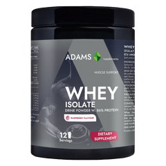 Whey isolate protein supplement in raspberry flavor by Adams Supplements, 360g jar with raspberry-flavored powder visible inside.