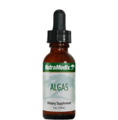 Sentosa Nutramedix ALGAS metal detox supplement bottle with label and capsules on a white background.
