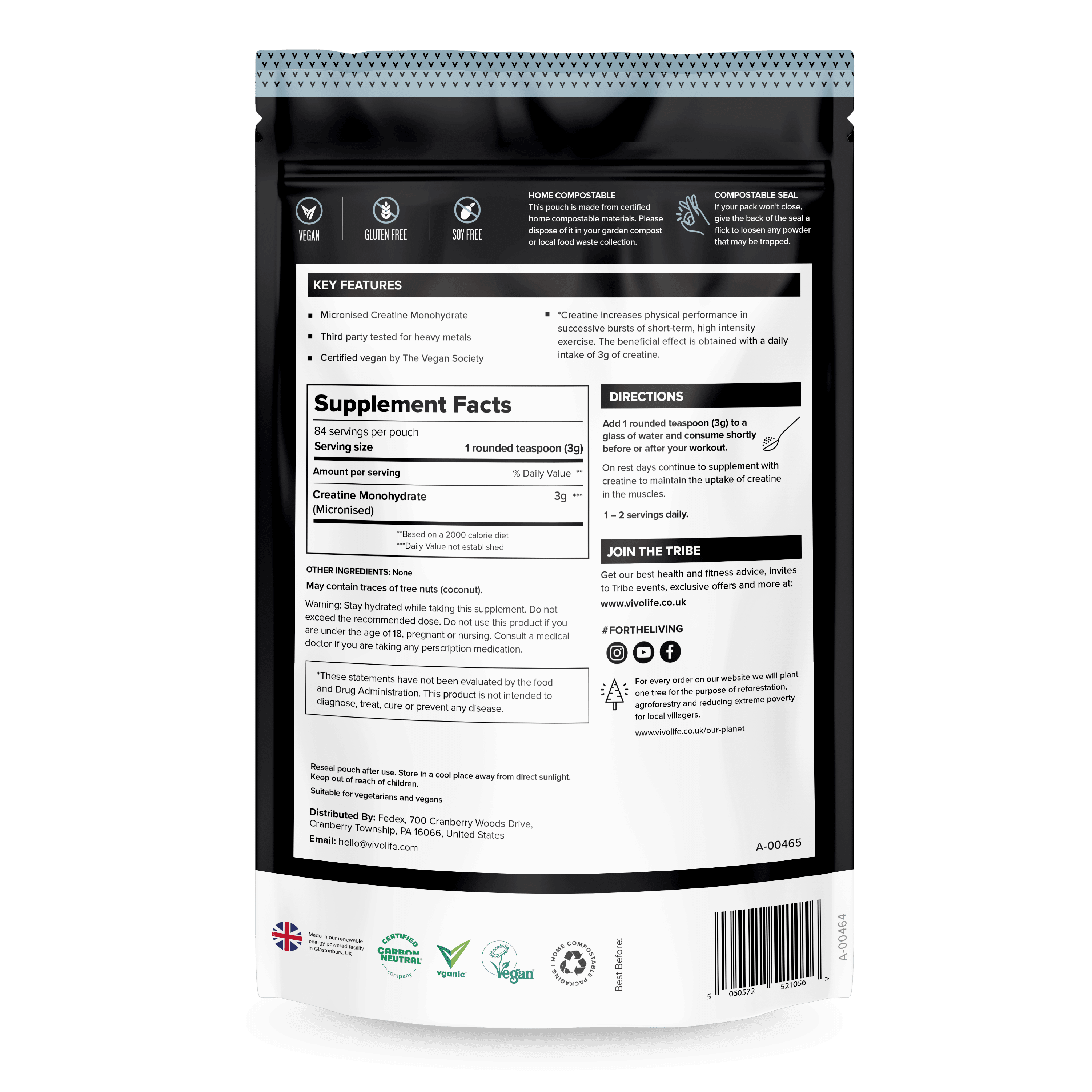 Vivo Life ultra-pure micronized creatine monohydrate supplement container with label and powder scoop, front view.