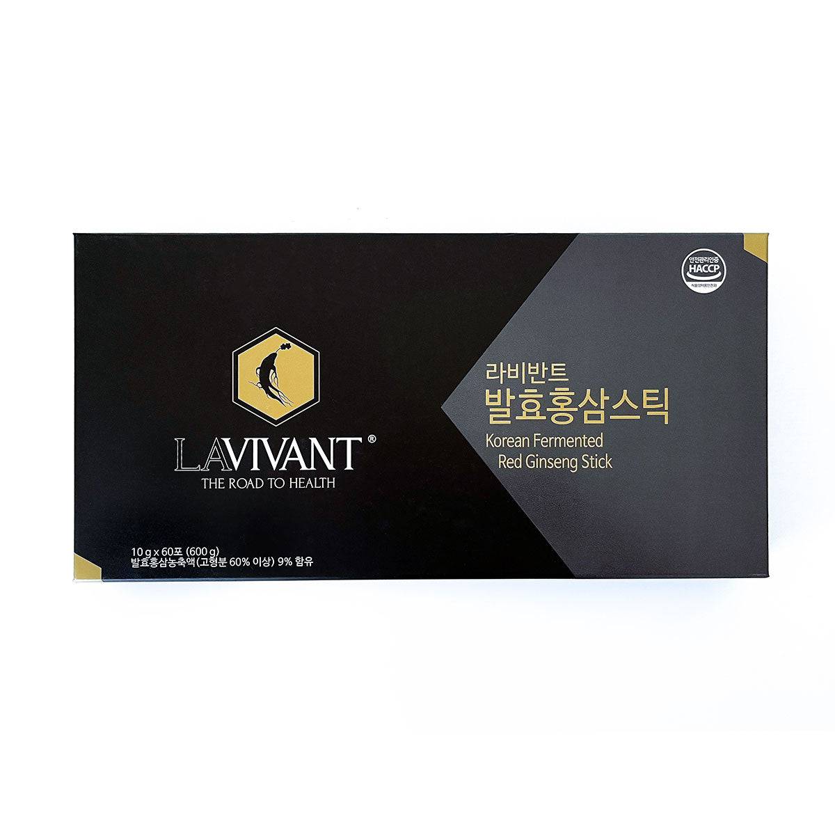 Lavivant Korean Red Ginseng Fermented Extract liquid sticks, 60 pcs, 7.5mg/g, 600g, in a box with sticks displayed on a white background.