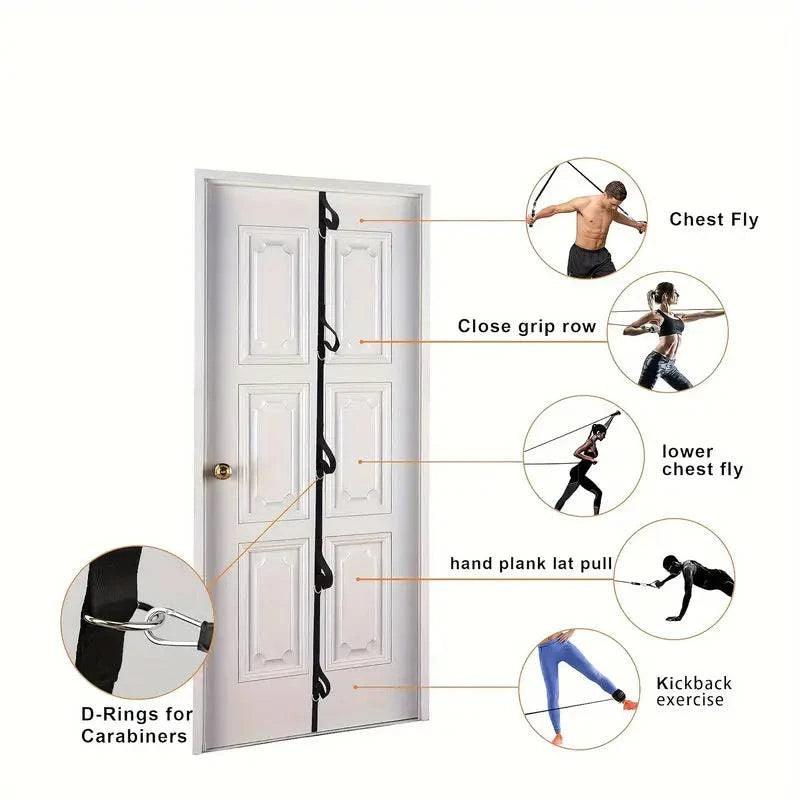 Space-saving resistance band door anchor for fitness equipment by TEMU, shown attached to a door for versatile resistance training.