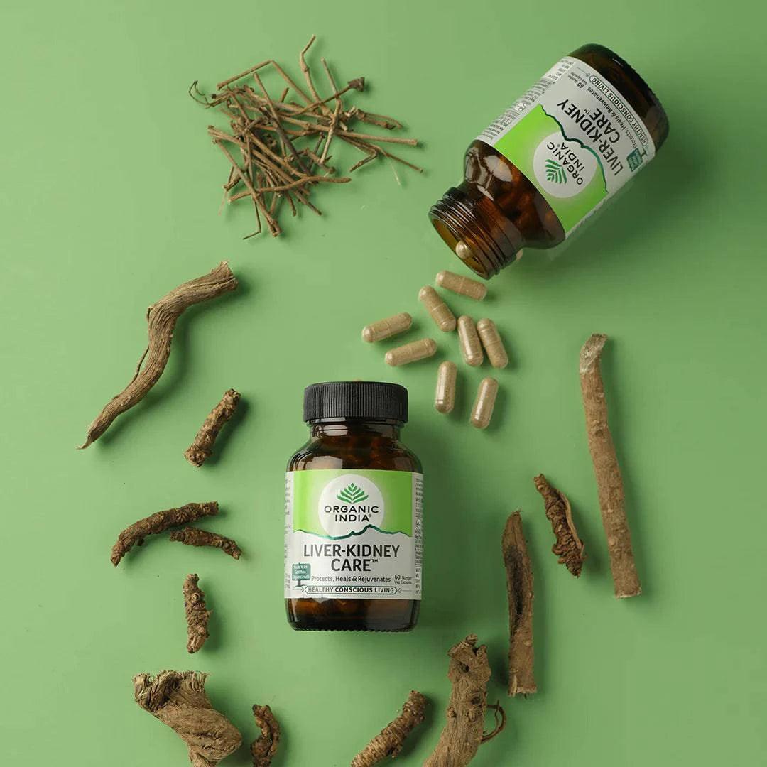 Organic India Liver-Kidney Care supplement by Herbalistas, 90 capsules, featuring natural herbal ingredients for liver and kidney support.