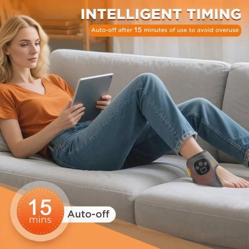 TEMU adjustable ankle heating and vibration massager with USB charging, showing foot and ankle therapy device with control buttons