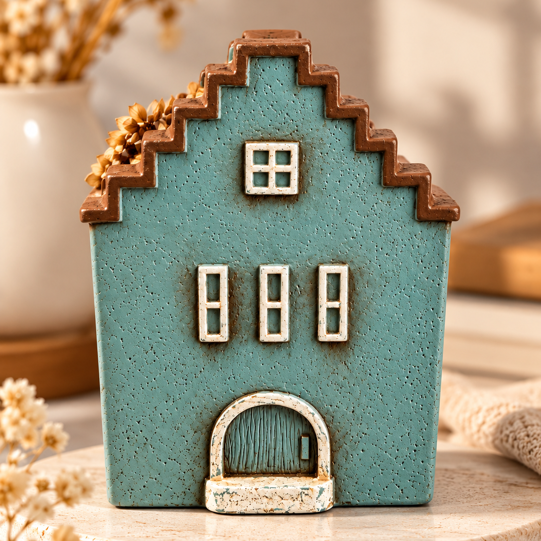 Velarte Little Haven handmade soy wax house candle in wavy blue, showcasing a decorative candle with a cozy, artistic design.
