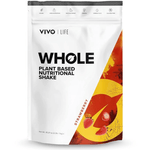 Vivo Life Whole Plant-Based Nutritional Shake supplement in a container with a scoop, showing the product label and natural ingredients.