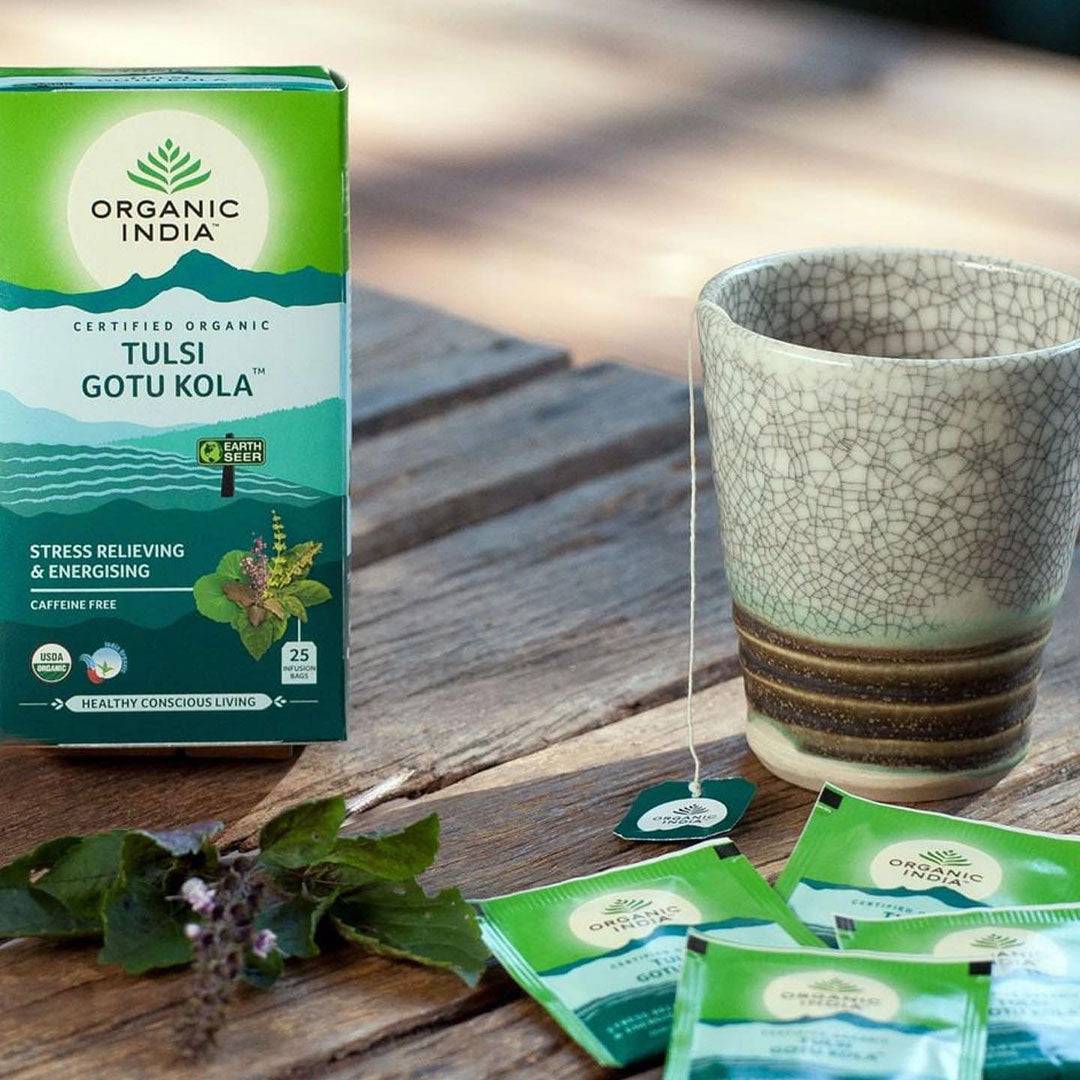 Organic India BIO Tulsi Gotu Kola Tea, caffeine-free herbal infusion bags, natural ingredients for wellness.