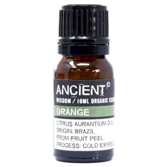 Organic orange essential oil bottle from AW GIFTS with a clear label and orange liquid inside.