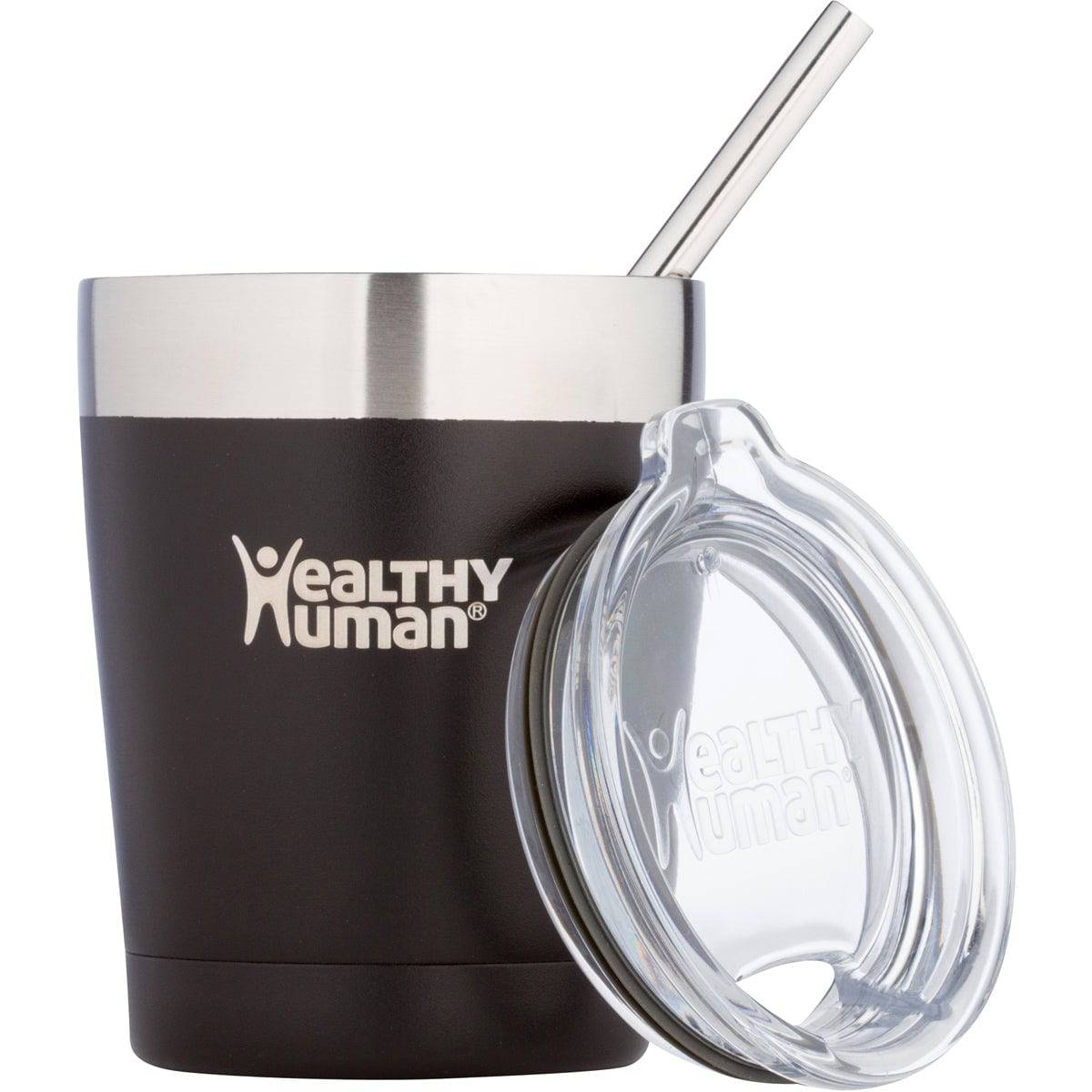 Healthy Human Cruiser Tumbler 12oz black drink accessory with a sleek, matte finish and spill-proof lid.