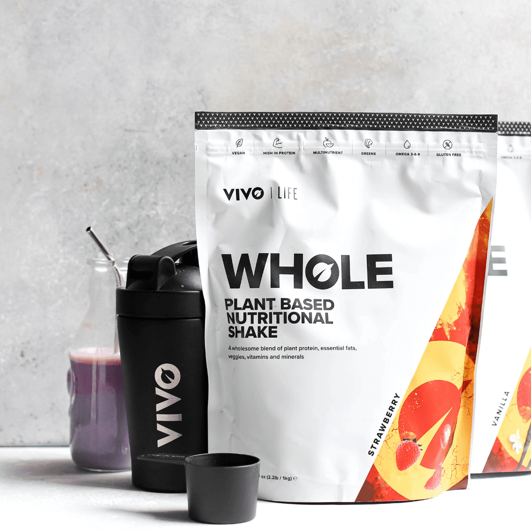 Vivo Life Whole Plant-Based Nutritional Shake supplement in a clear container with vibrant label, showcasing natural ingredients.