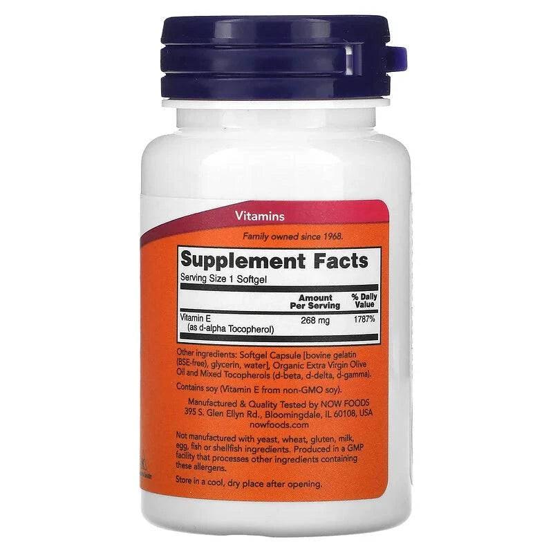 Old Products NOW Foods E-400 vitamin E softgels supplement bottle with 50 softgels in clear container.