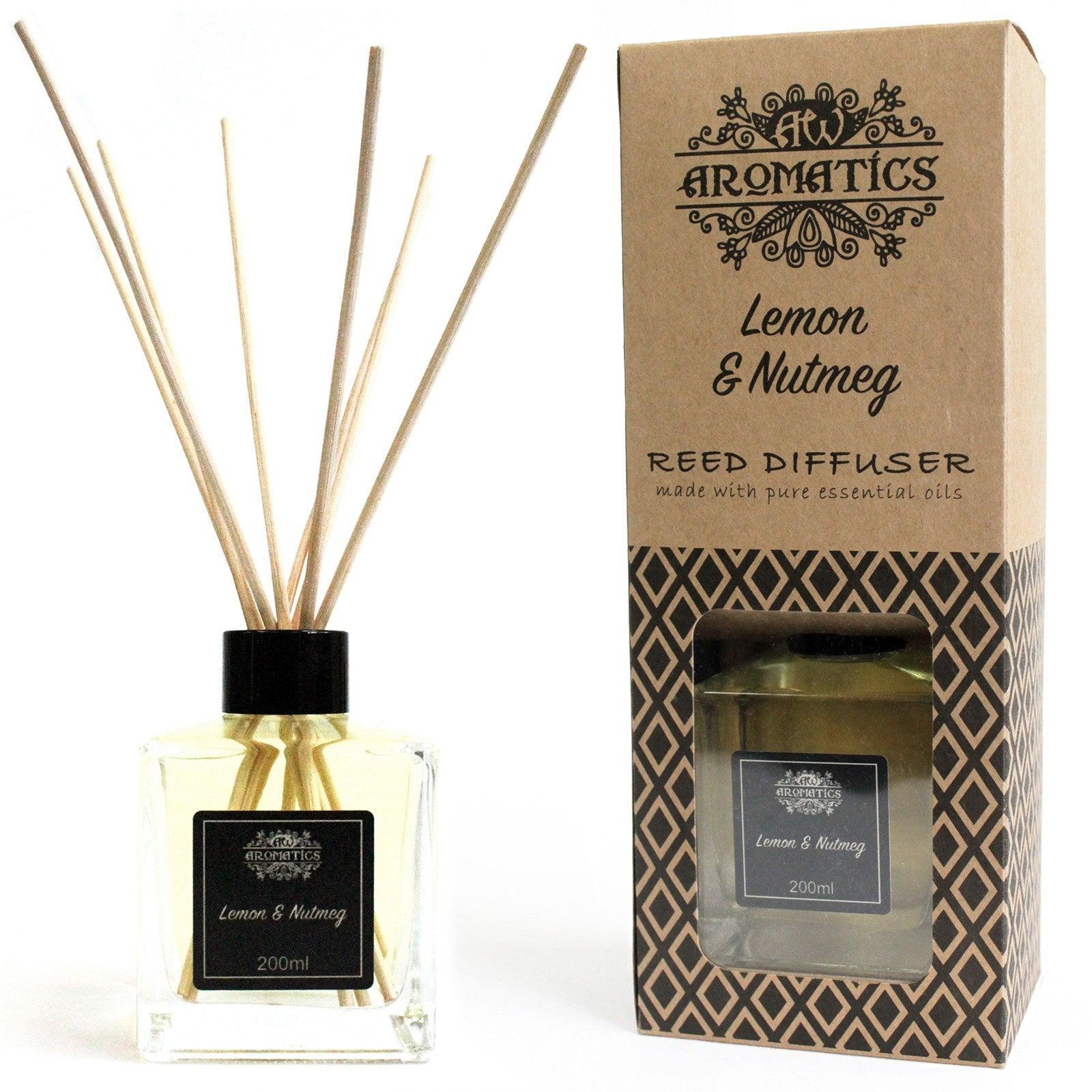 AW Gifts 200ml Lemon & Nutmeg Essential Oil Reed Diffuser accessory with glass bottle and reed sticks for home fragrance.