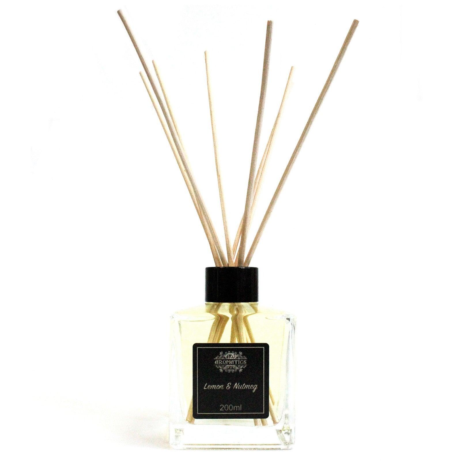 AW Gifts 200ml Lemon & Nutmeg essential oil reed diffuser with glass bottle and reed reeds for home fragrance.
