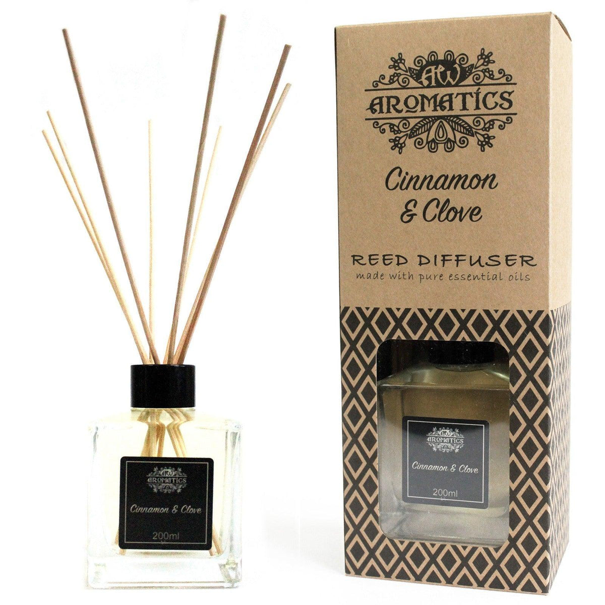 AW Gifts 200ml Cinnamon & Clove Essential Oil Reed Diffuser accessory with glass bottle and reed sticks for home fragrance.