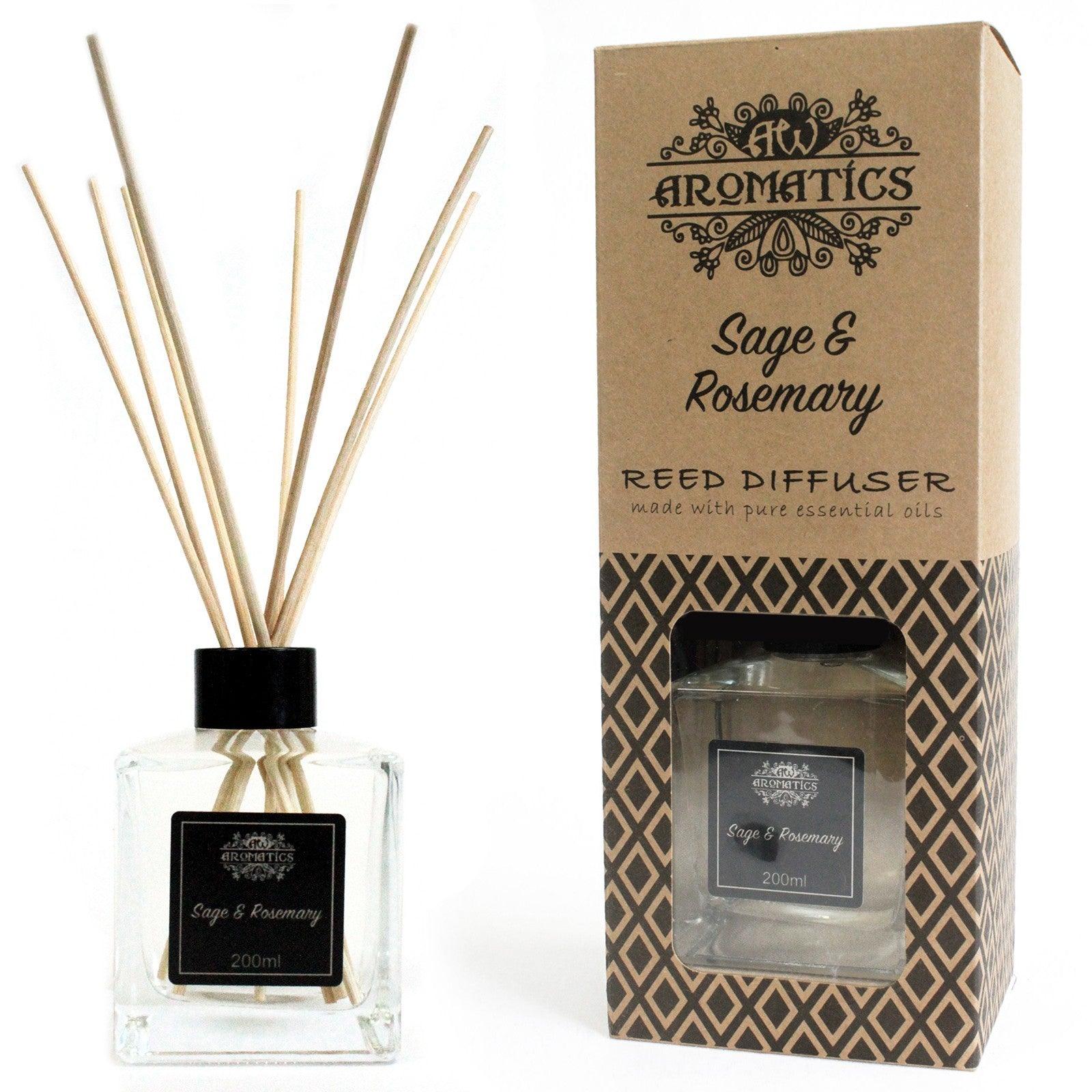 AW Gifts 200ml Sage and Rosemary essential oil reed diffuser, decorative accessory with glass bottle and reed sticks.