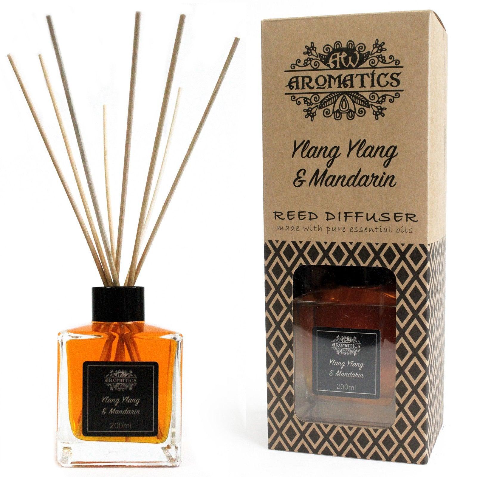 AW Gifts 200ml Ylang Ylang & Mandarin Essential Oil Reed Diffuser accessory with a glass bottle and reed sticks for aromatic fragrance.