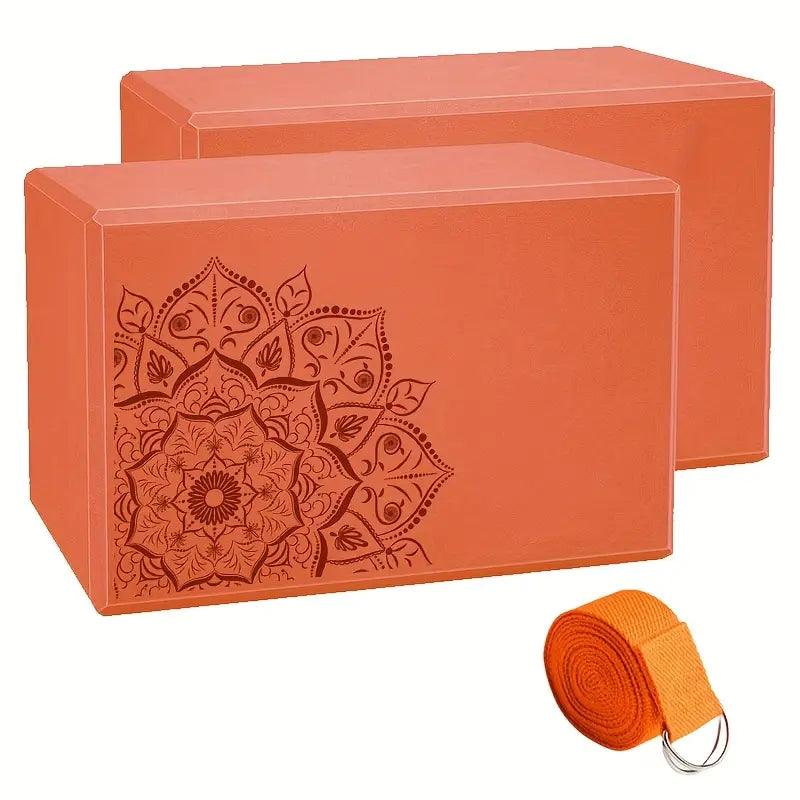 Set of three yoga blocks and stretch strap from TEMU, used for flexibility and support during yoga and stretching exercises.