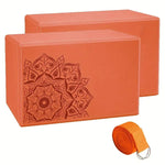 Set of three yoga blocks and stretch strap from TEMU, used for flexibility and support during yoga and stretching exercises.