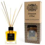 AW GIFTS 200ml Geranium and Rose essential oil reed diffuser with decorative glass bottle and bamboo reeds.