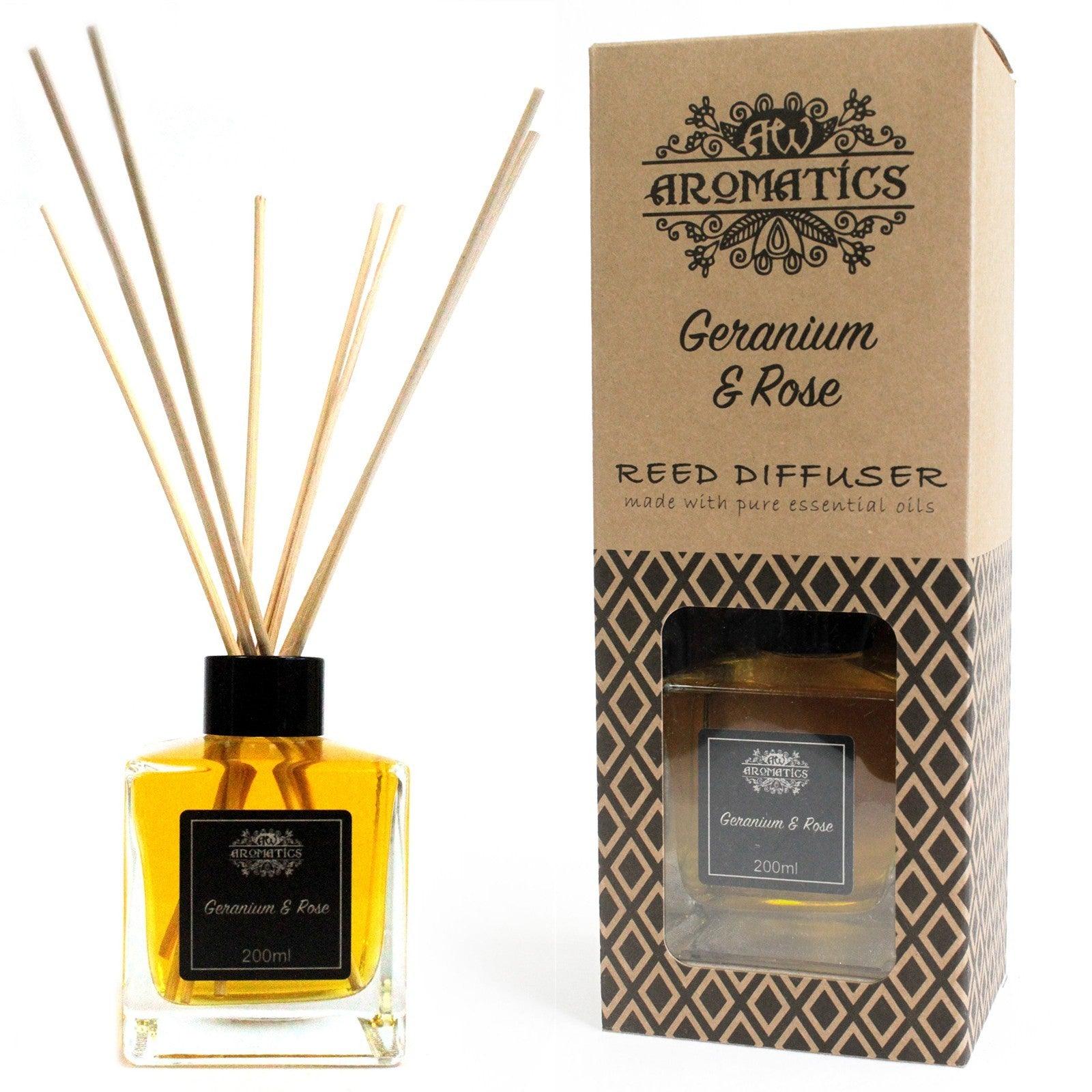 AW GIFTS 200ml Geranium and Rose essential oil reed diffuser with decorative glass bottle and bamboo reeds.