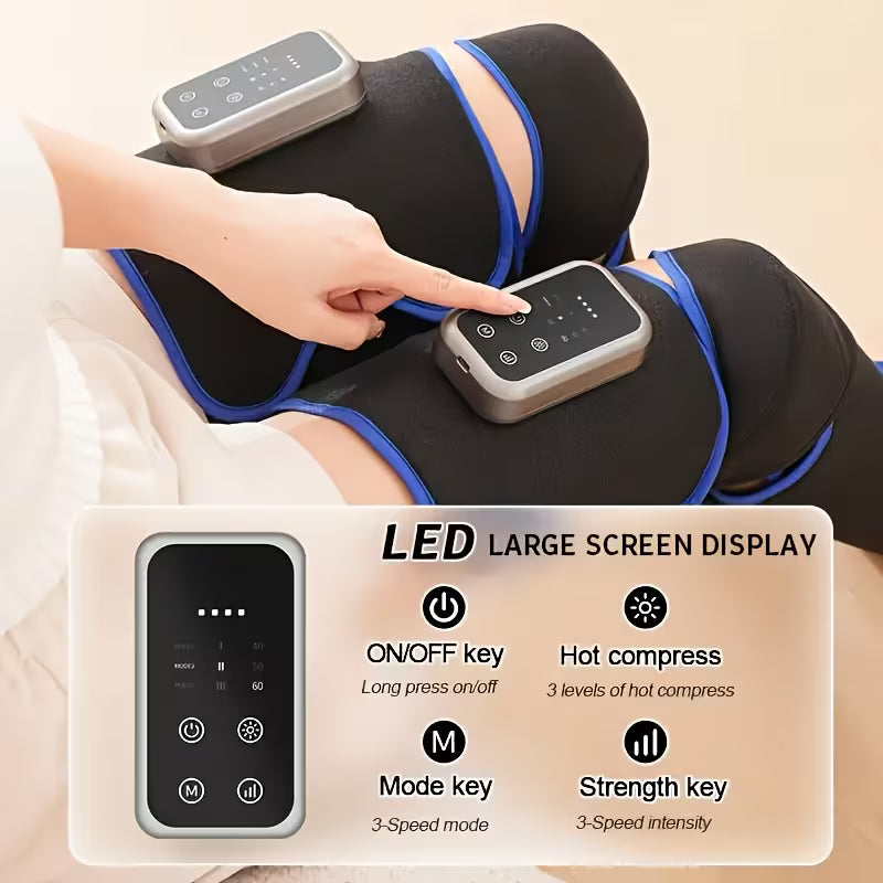 Electric full-leg massager by TEMU with adjustable intensity and heat therapy, showing the device wrapped around legs.