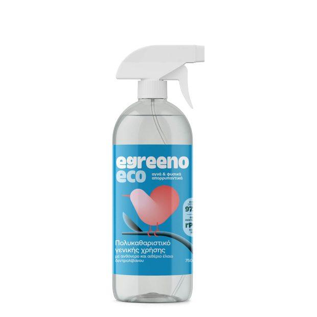 Egreeno All-Purpose Cleaner in 750ml bottle, floral water and rosemary essential oil, natural cleaning product with fresh herbal scent.
