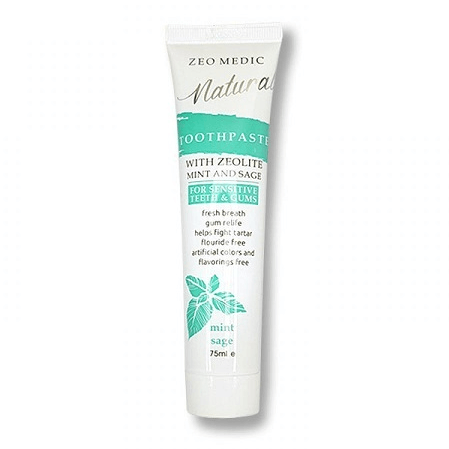 Zeo-Medic natural toothpaste with zeolite, mint and sage flavor, 75 ml, showing the tube with mint and sage illustrations