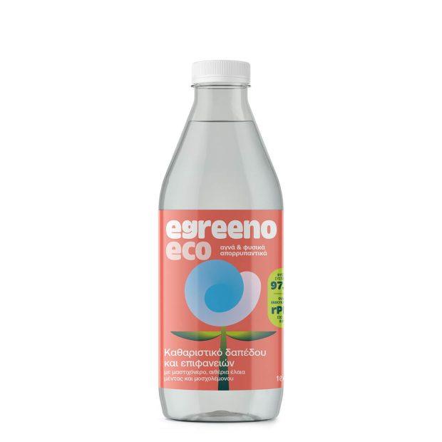 Egreeno Eco Floor & Surface Cleaner in 1L bottle, featuring natural mastic water and essential oils for cleaning floors and surfaces.