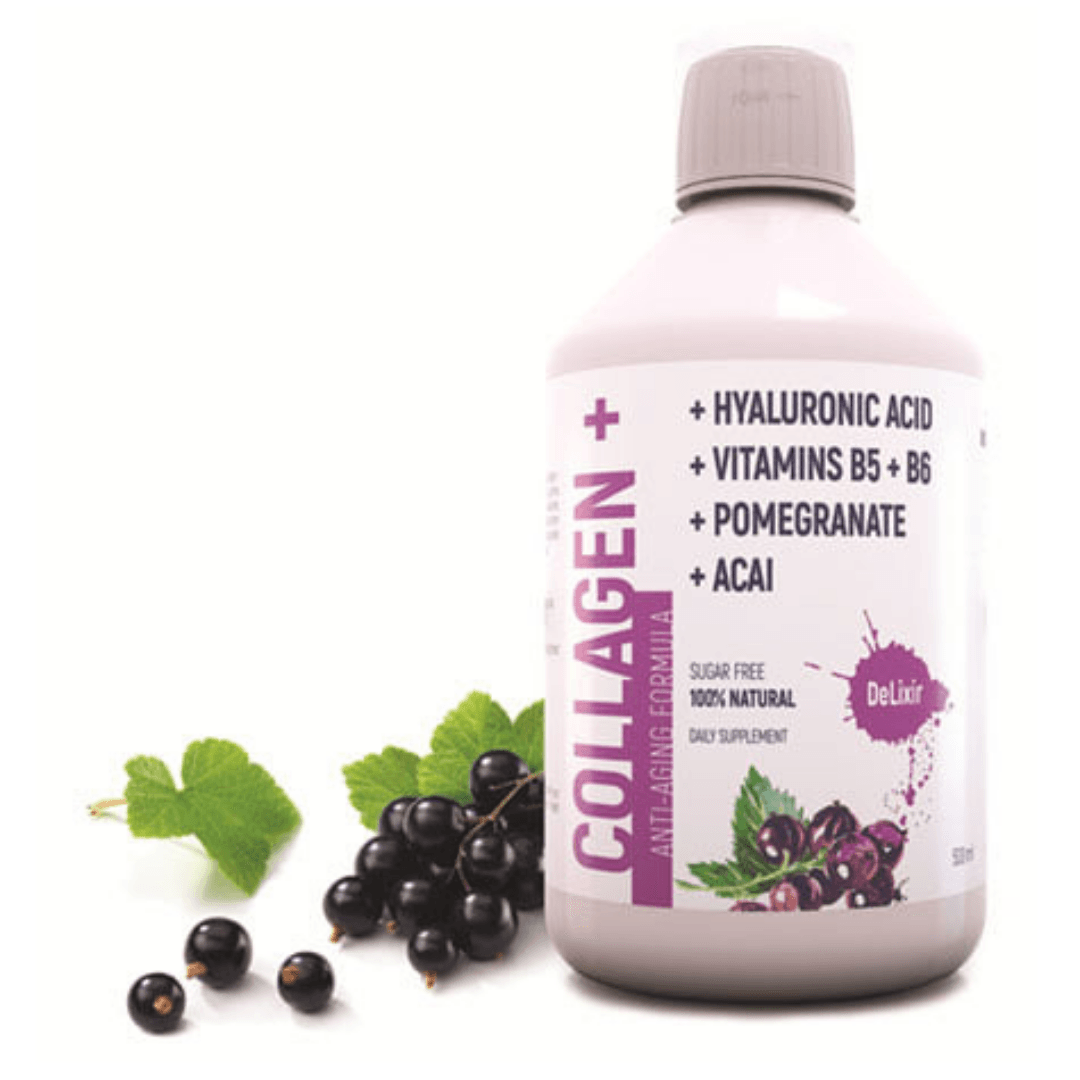 Bottle of DETA ELIS DeLixir Collagen supplement with label visible, showcasing the product for skin and joint support.