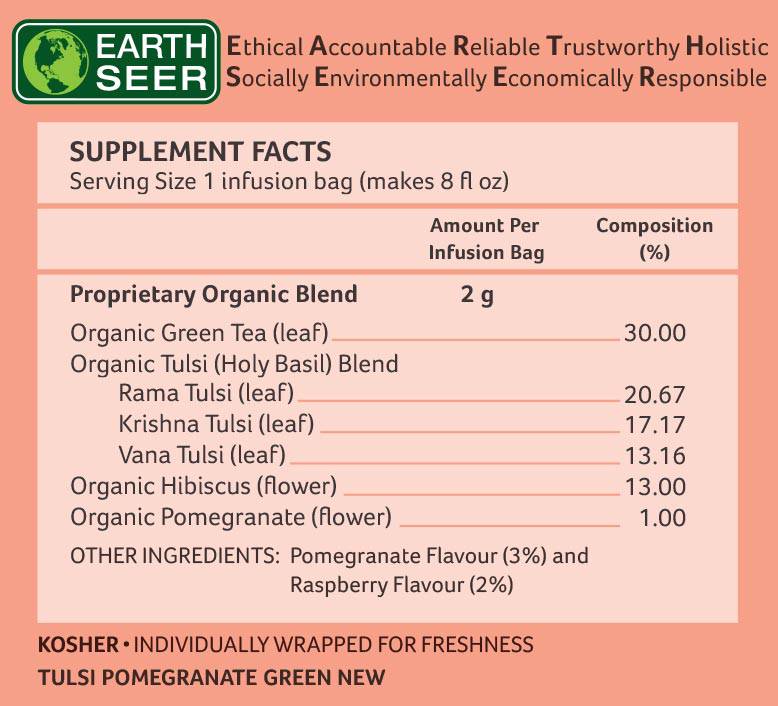Organic India BIO Tulsi Pomegranate Green Tea infusion bags, fresh green tea with pomegranate flavor, 25-count box.