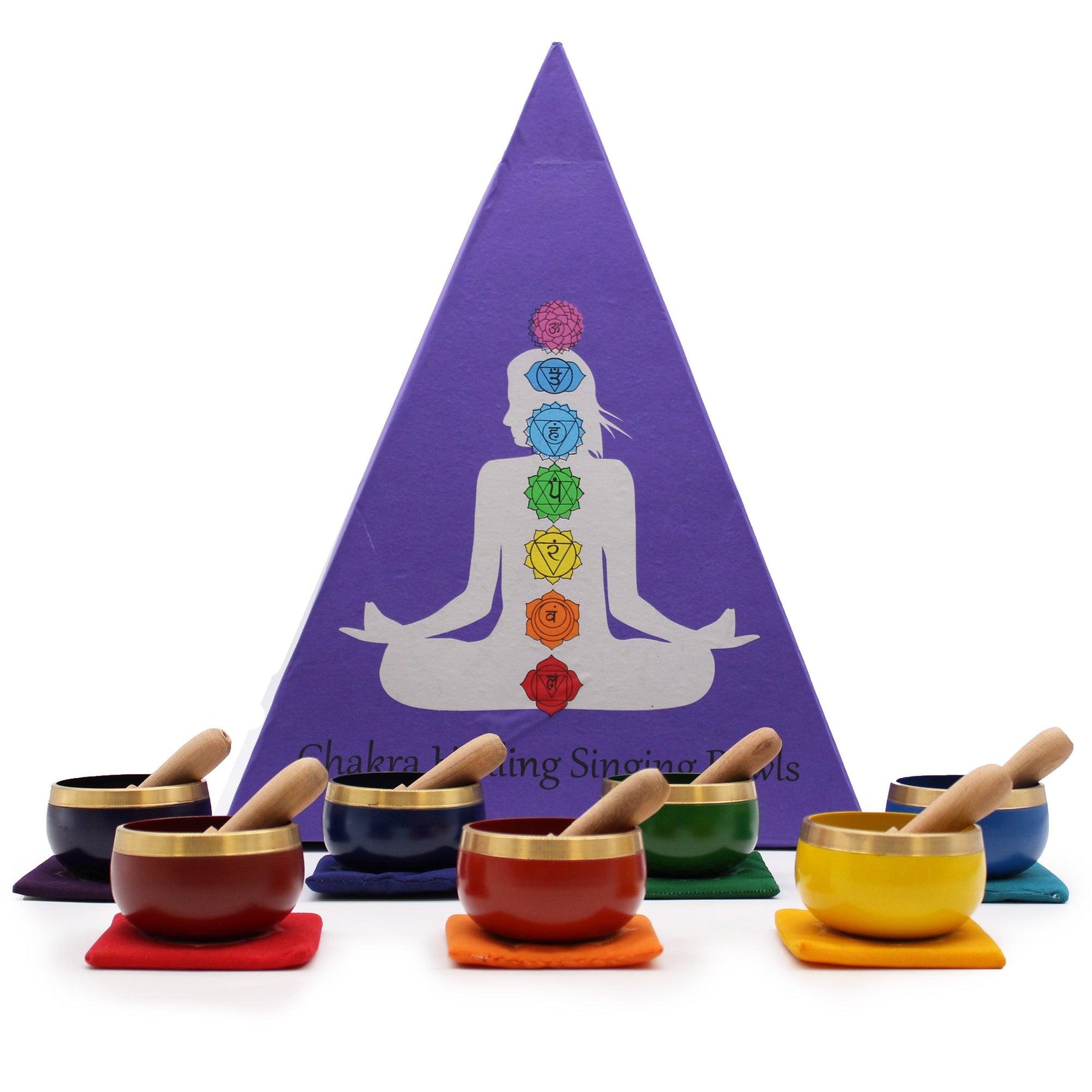 AW Gifts Chakra Pyramid Singing Bowl Gift Set with seven chakra bowls in a pyramid-shaped box, accessory for meditation and relaxation.