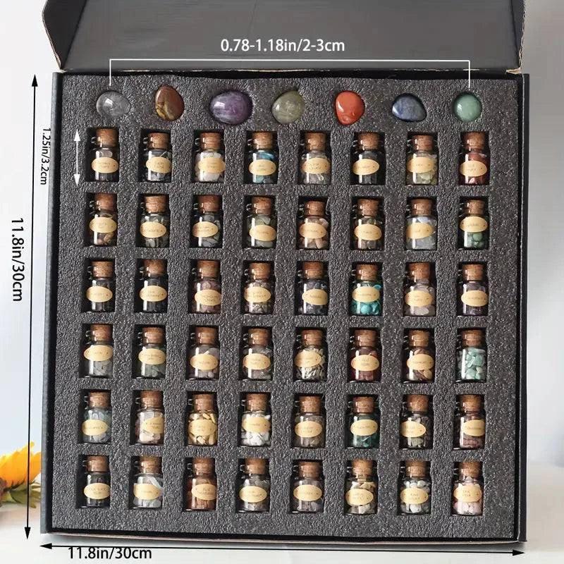 Set of 55 natural gemstone crystal bottles from TEMU, featuring colorful small glass bottles filled with assorted crystal gemstones.