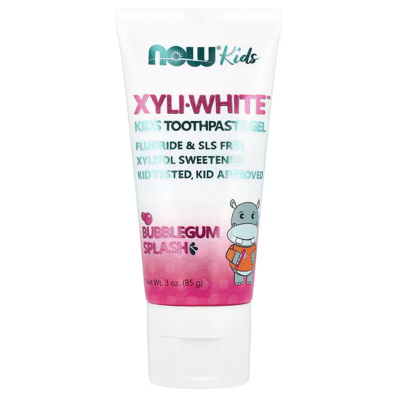 Now Foods Xyli-White Kid's Bubblegum Splash toothpaste gel in 3 oz tube, suitable for children’s oral hygiene and whitening.