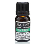 Bottle of AW Gifts Tea Tree Essential Oil for skin care, 10ml, with dropper cap and fresh tea tree leaves in the background.