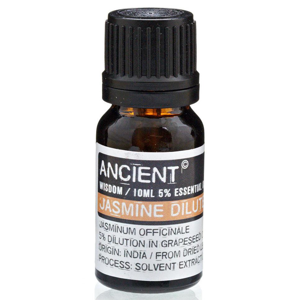 A 10ml bottle of AW Gifts Jasmine Dilute Essential Oil for skin care, with a clear glass bottle and white label.