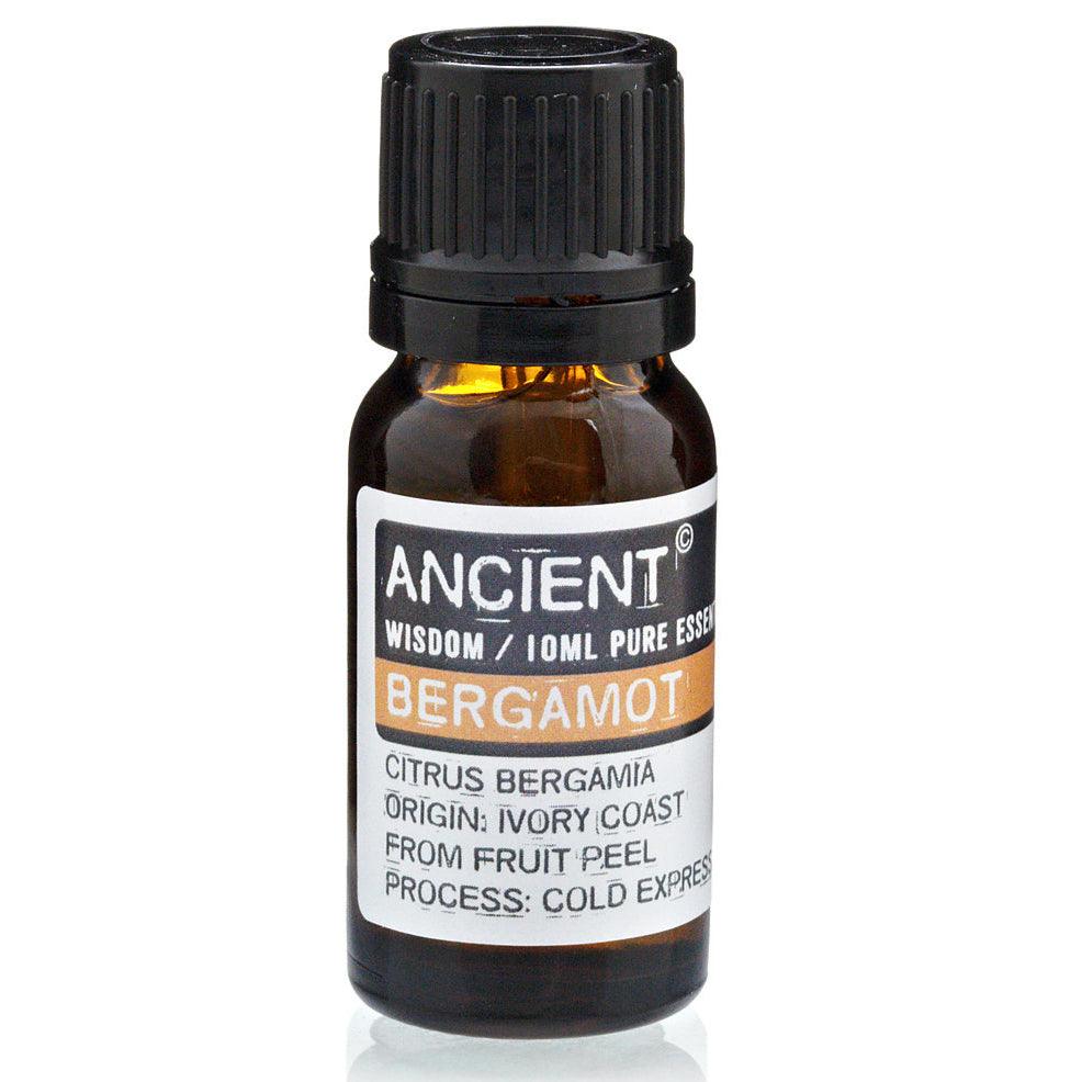 AW GIFTS Bergamot Essential Oil 10ml for skin care, featuring a clear glass bottle with a white cap and orange citrus label.