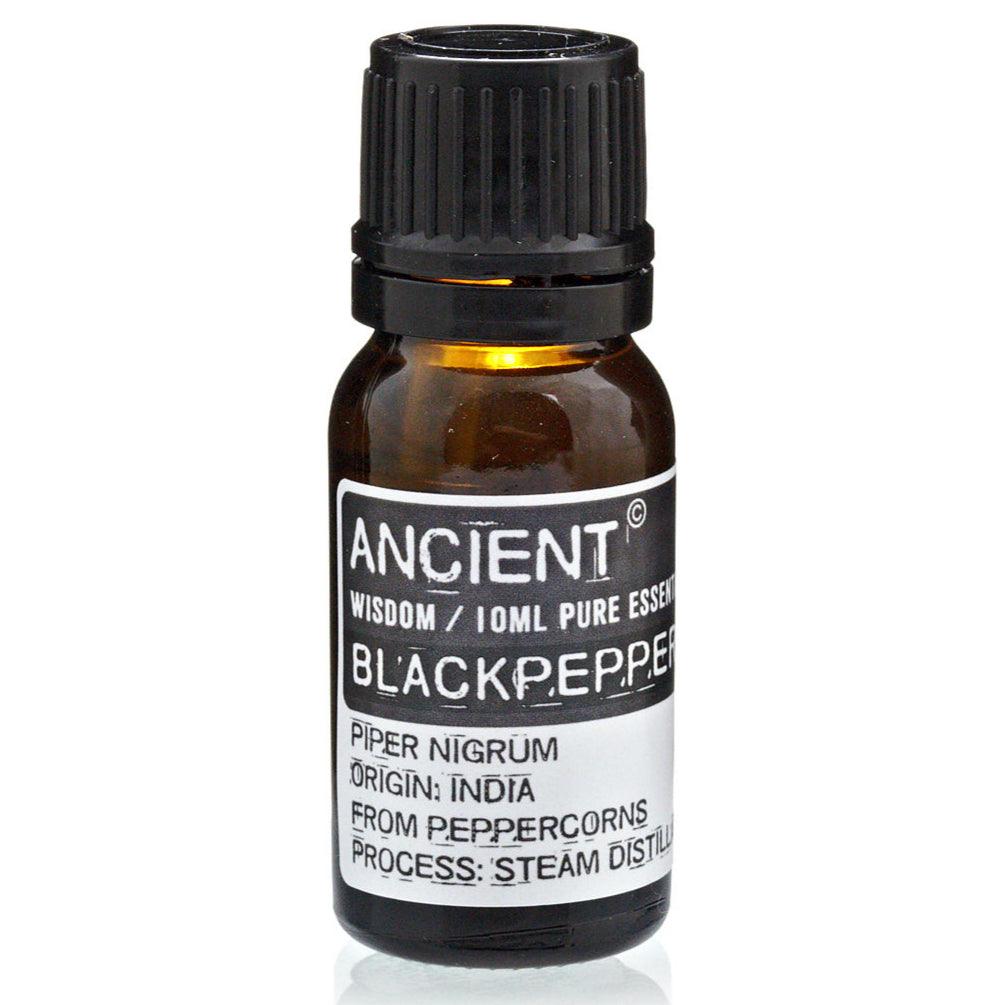 Blackpepper essential oil bottle by AW GIFTS for skin care, 10ml, with dark glass bottle and label visible.
