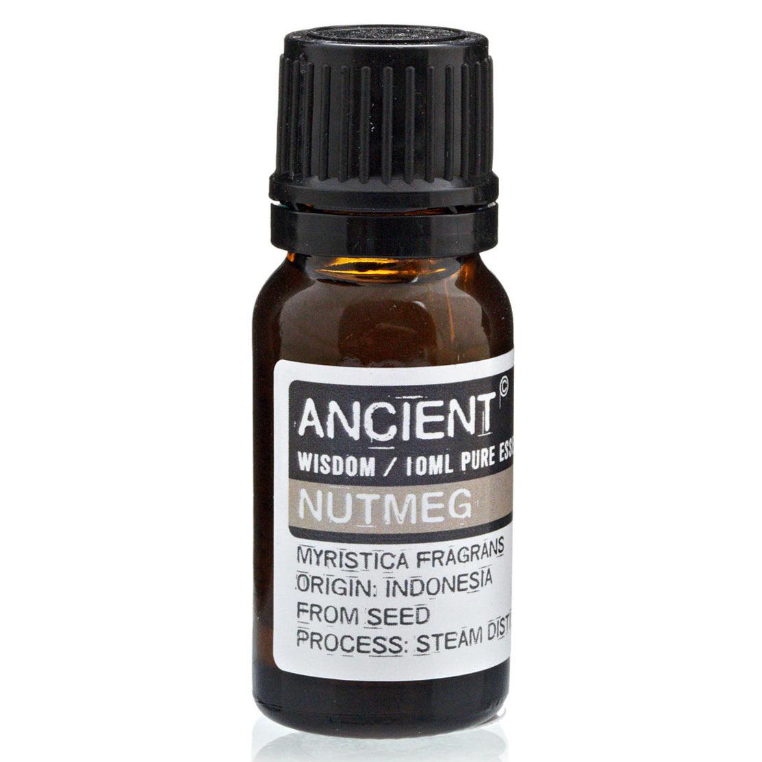 AW Gifts Nutmeg Essential Oil bottle for skin care, 10 ml, with amber glass and label showing product details.