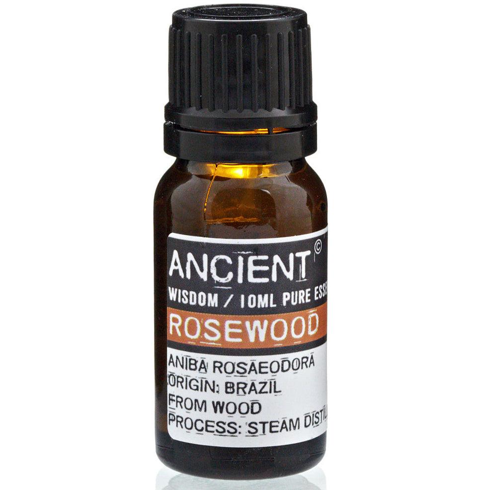 AW Gifts rosewood essential oil in a 10ml bottle, natural skin care product with amber-colored glass and dropper cap.
