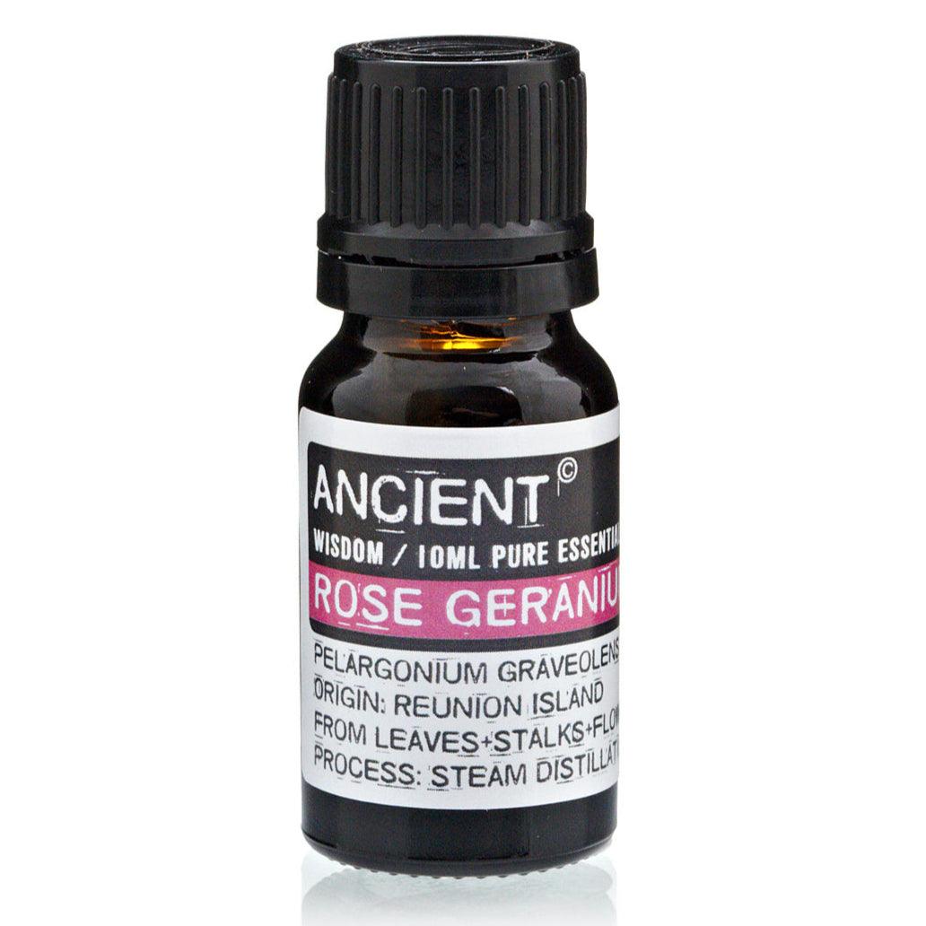 AW GIFTS Rose Geranium Essential Oil 10ml for skin care, with a clear bottle and natural floral scent, in a natural setting.