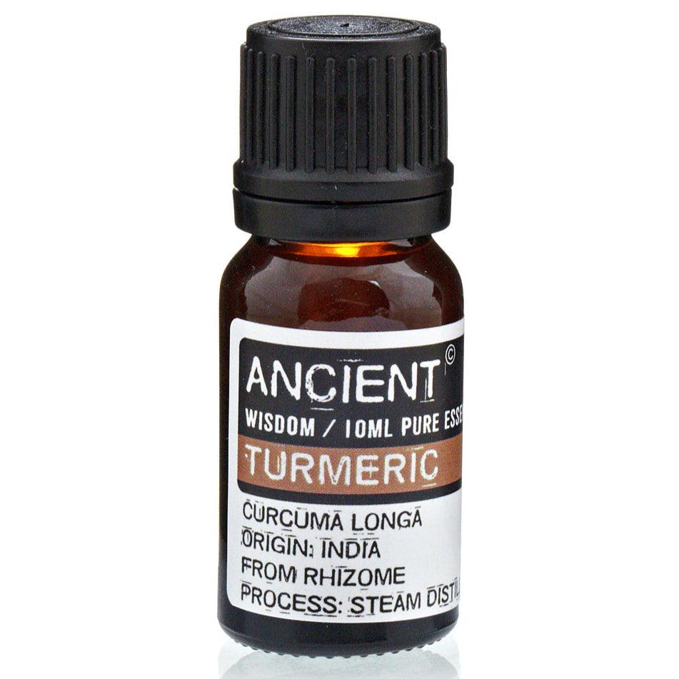 Dropper bottle of AW GIFTS Turmeric Essential Oil for skin care, 10ml, showing the amber glass and label on the product.