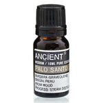 AW Gifts Palo Santo essential oil bottle, 10ml for skin care, with amber glass and white label showing product details.
