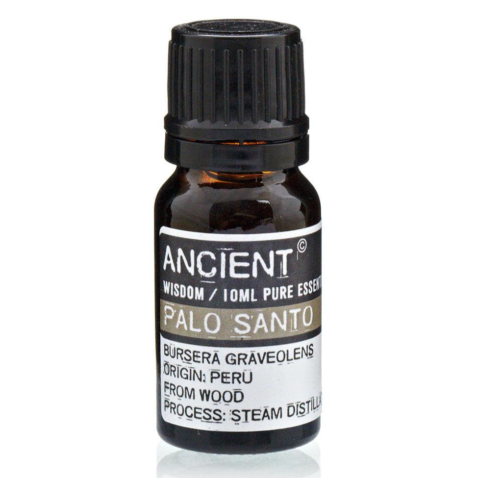 AW Gifts Palo Santo essential oil bottle, 10ml for skin care, with amber glass and white label showing product details.